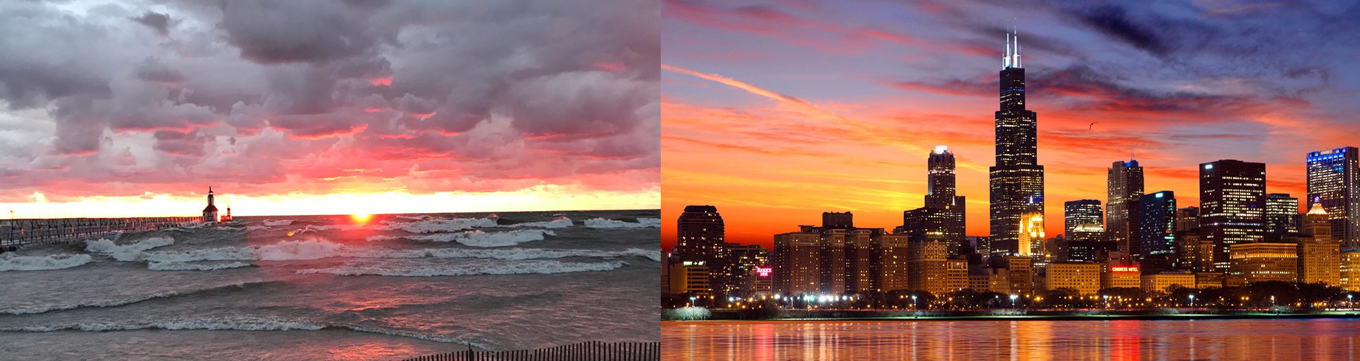side by side photo of lake and Chicago skyline at dusk